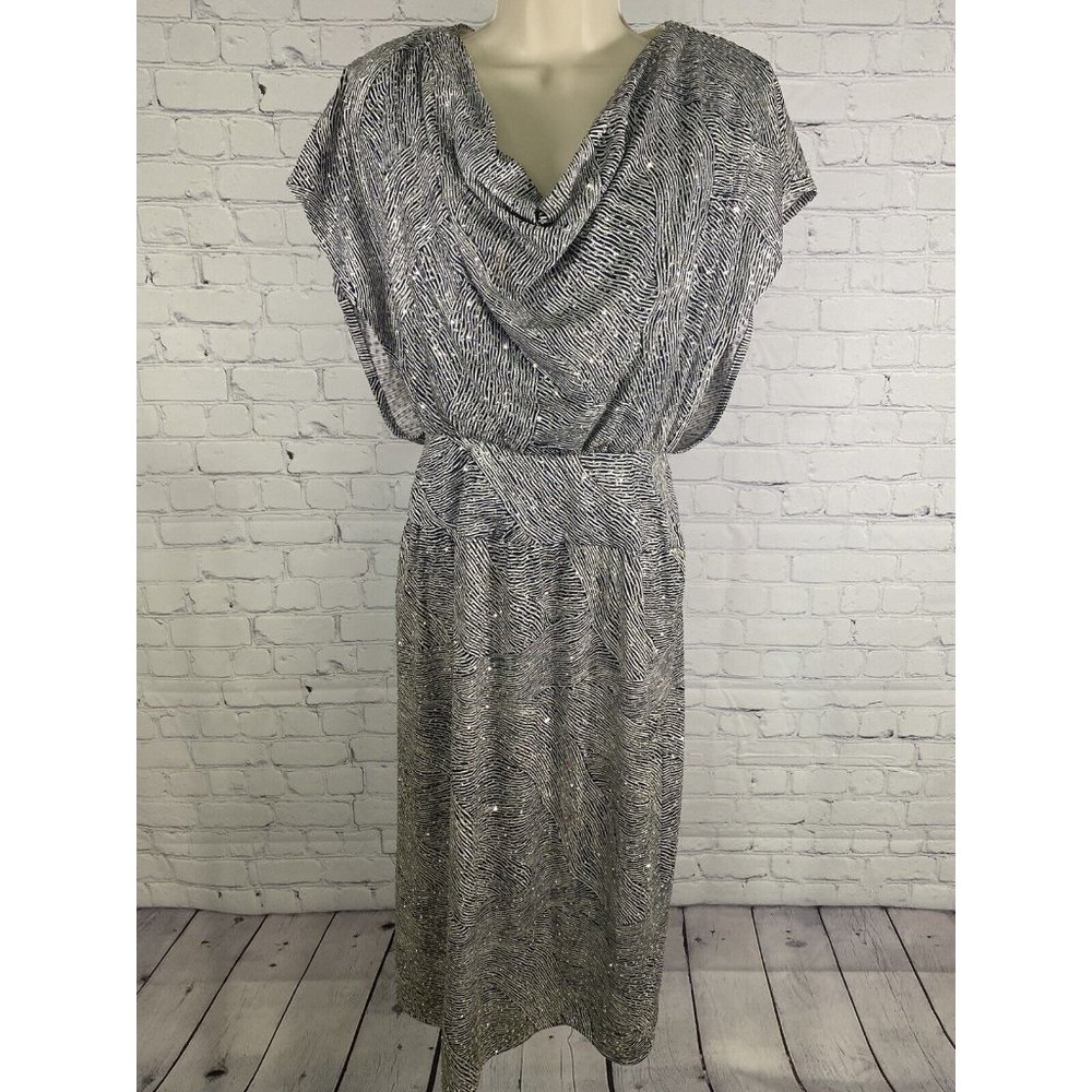 VTG Patra Black White Zebra Print Glittery Shoulder Pad Midi Length Dress 4